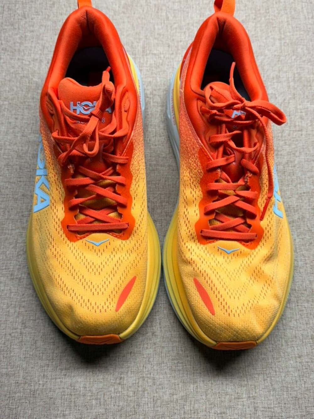 HOKA Bondi 8 Men's 11.5 Wide Orange Yellow Blue Running Shoes Sneakers